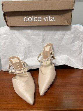 Dolce Vita Pearl-Strap Pointed Cream Mules